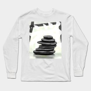 Painting of Balanced Black Zen Stones, Lime Background with the Word Zen in Japanese Long Sleeve T-Shirt